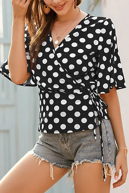 Polka Dot Lace-up Chiffon Blouse