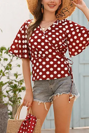 Polka Dot Lace-up Chiffon Blouse