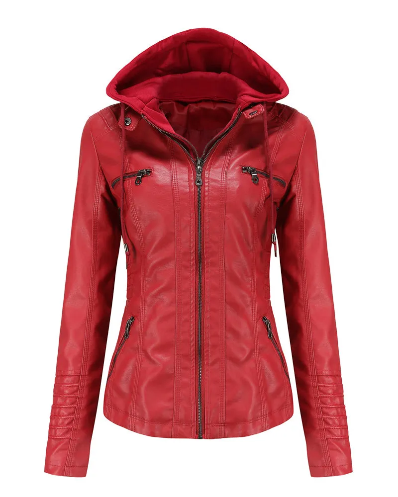 Removable Hooded PU Faux Leather Jackets Coats
