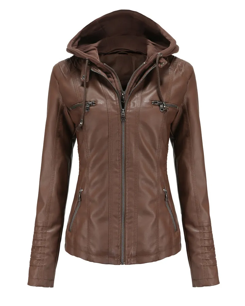 Removable Hooded PU Faux Leather Jackets Coats