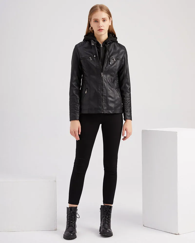 Removable Hooded PU Faux Leather Jackets Coats
