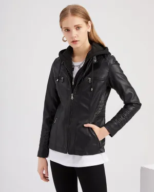 Removable Hooded PU Faux Leather Jackets Coats