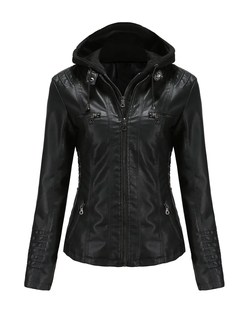 Removable Hooded PU Faux Leather Jackets Coats