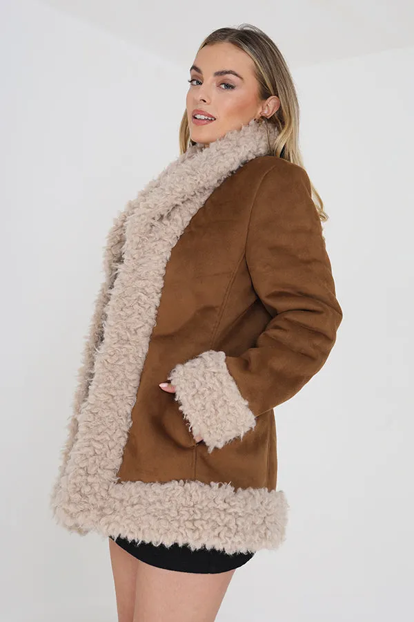 SHORT FAUX SUEDE JACKET WITH FAUX FUR TRIMS