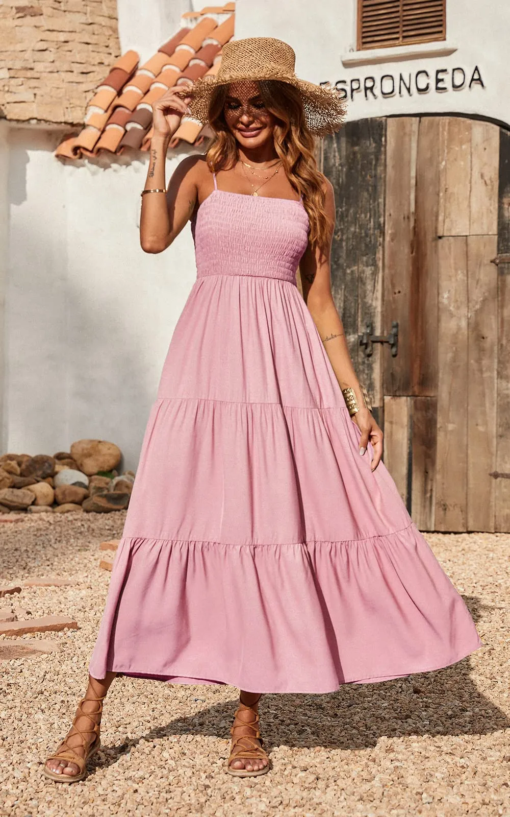 Spaghetti Strap Maxi Dress Women Summer Sleeveless Smocked Boho Long Beach Dress Sundresses
