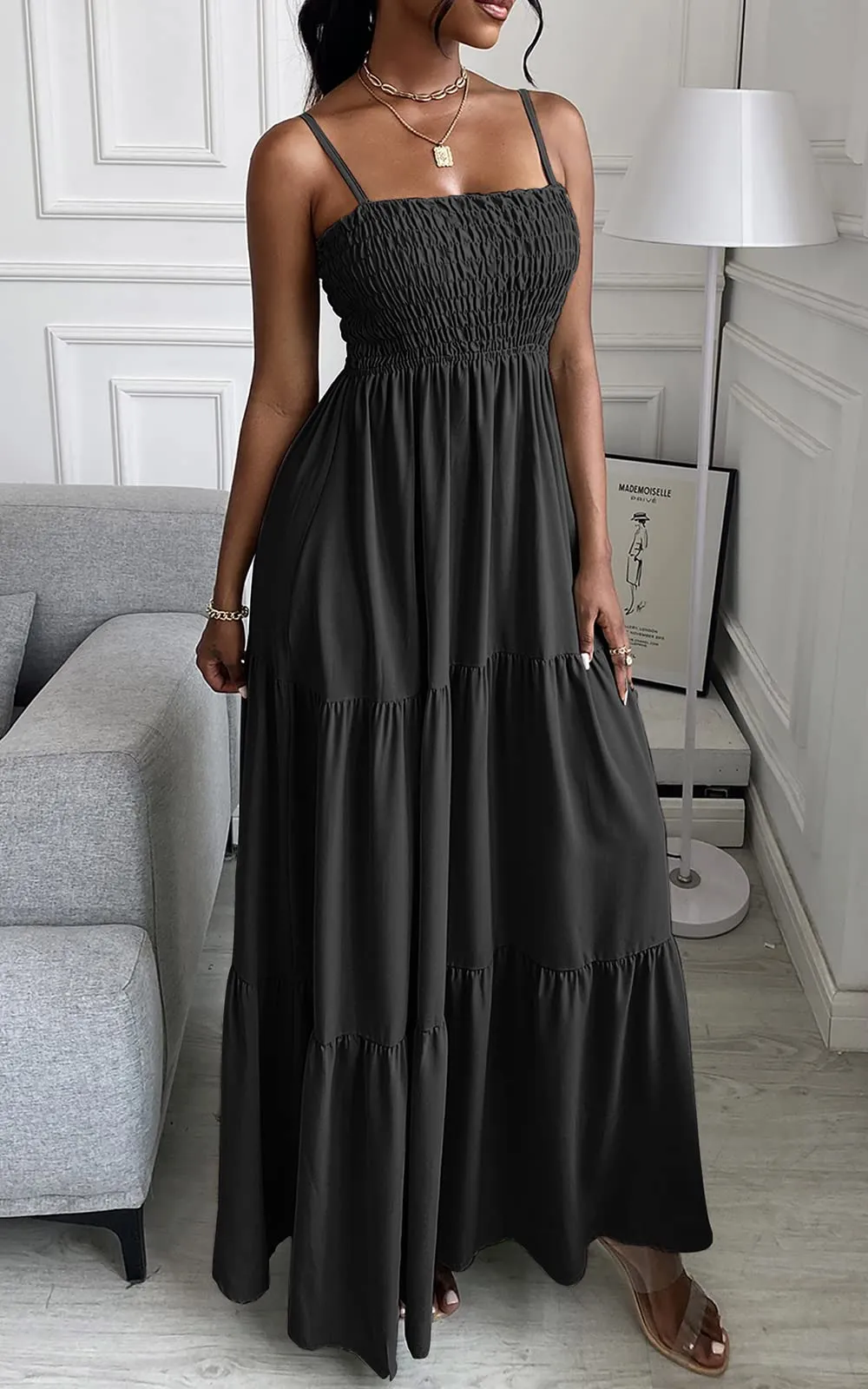 Spaghetti Strap Maxi Dress Women Summer Sleeveless Smocked Boho Long Beach Dress Sundresses