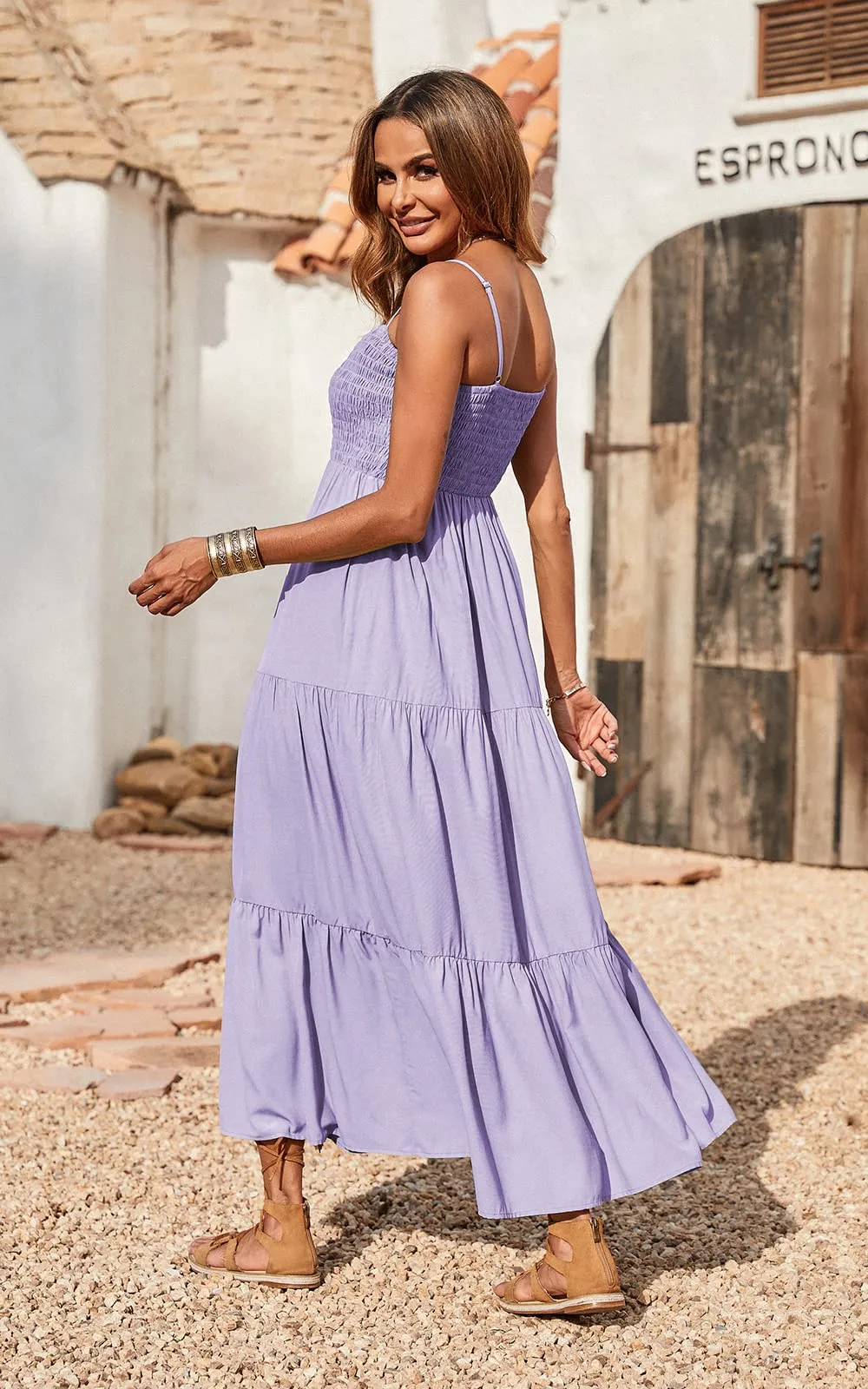 Spaghetti Strap Maxi Dress Women Summer Sleeveless Smocked Boho Long Beach Dress Sundresses