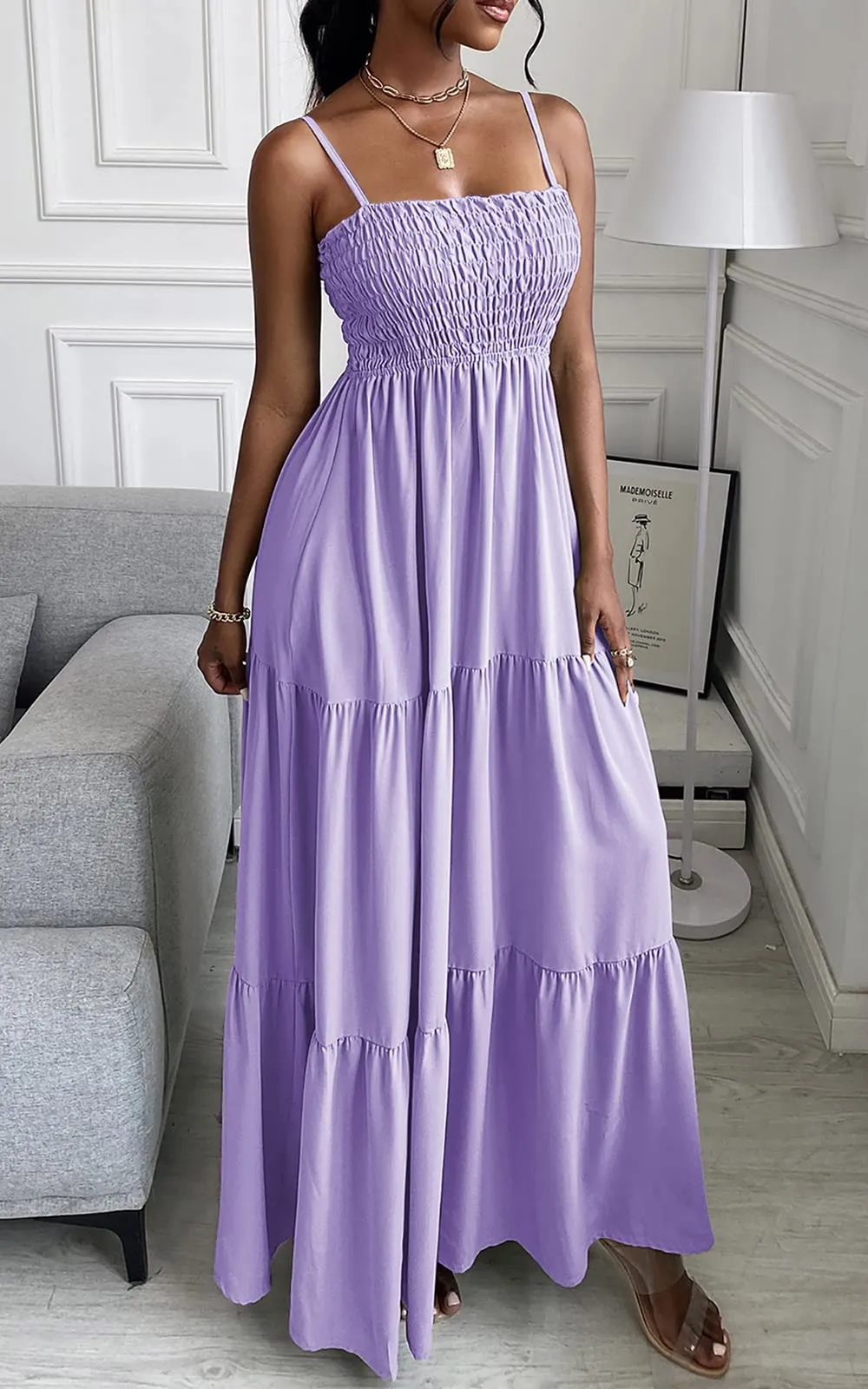Spaghetti Strap Maxi Dress Women Summer Sleeveless Smocked Boho Long Beach Dress Sundresses