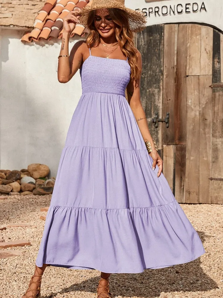 Spaghetti Strap Maxi Dress Women Summer Sleeveless Smocked Boho Long Beach Dress Sundresses