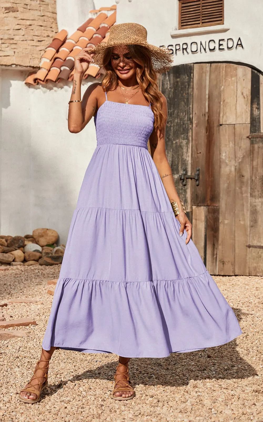 Spaghetti Strap Maxi Dress Women Summer Sleeveless Smocked Boho Long Beach Dress Sundresses