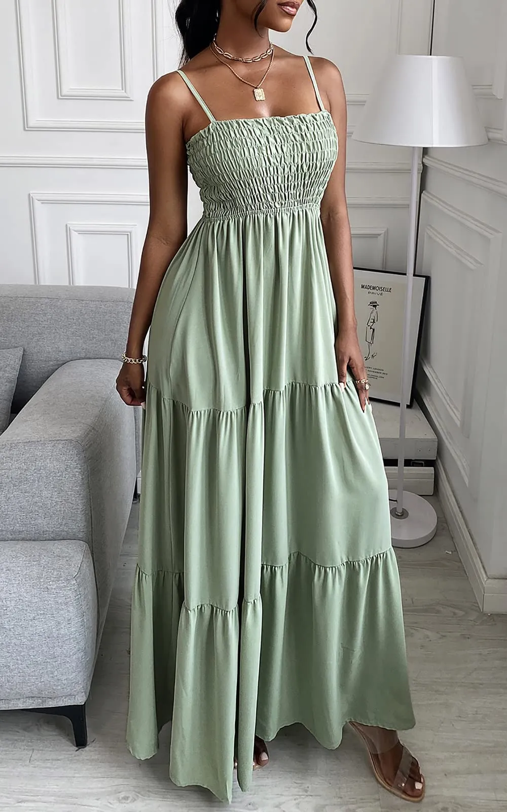 Spaghetti Strap Maxi Dress Women Summer Sleeveless Smocked Boho Long Beach Dress Sundresses