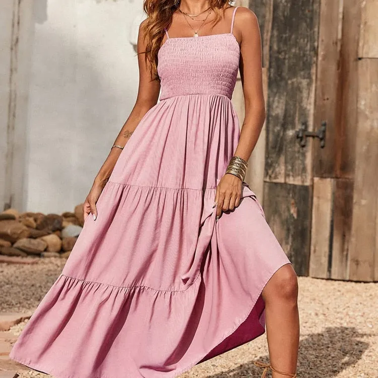 Spaghetti Strap Maxi Dress Women Summer Sleeveless Smocked Boho Long Beach Dress Sundresses