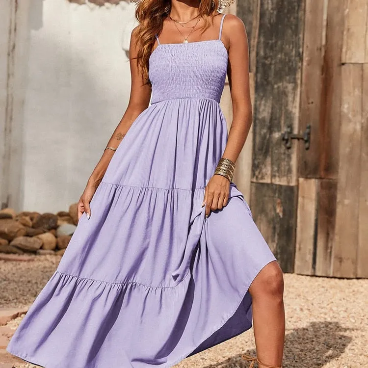 Spaghetti Strap Maxi Dress Women Summer Sleeveless Smocked Boho Long Beach Dress Sundresses