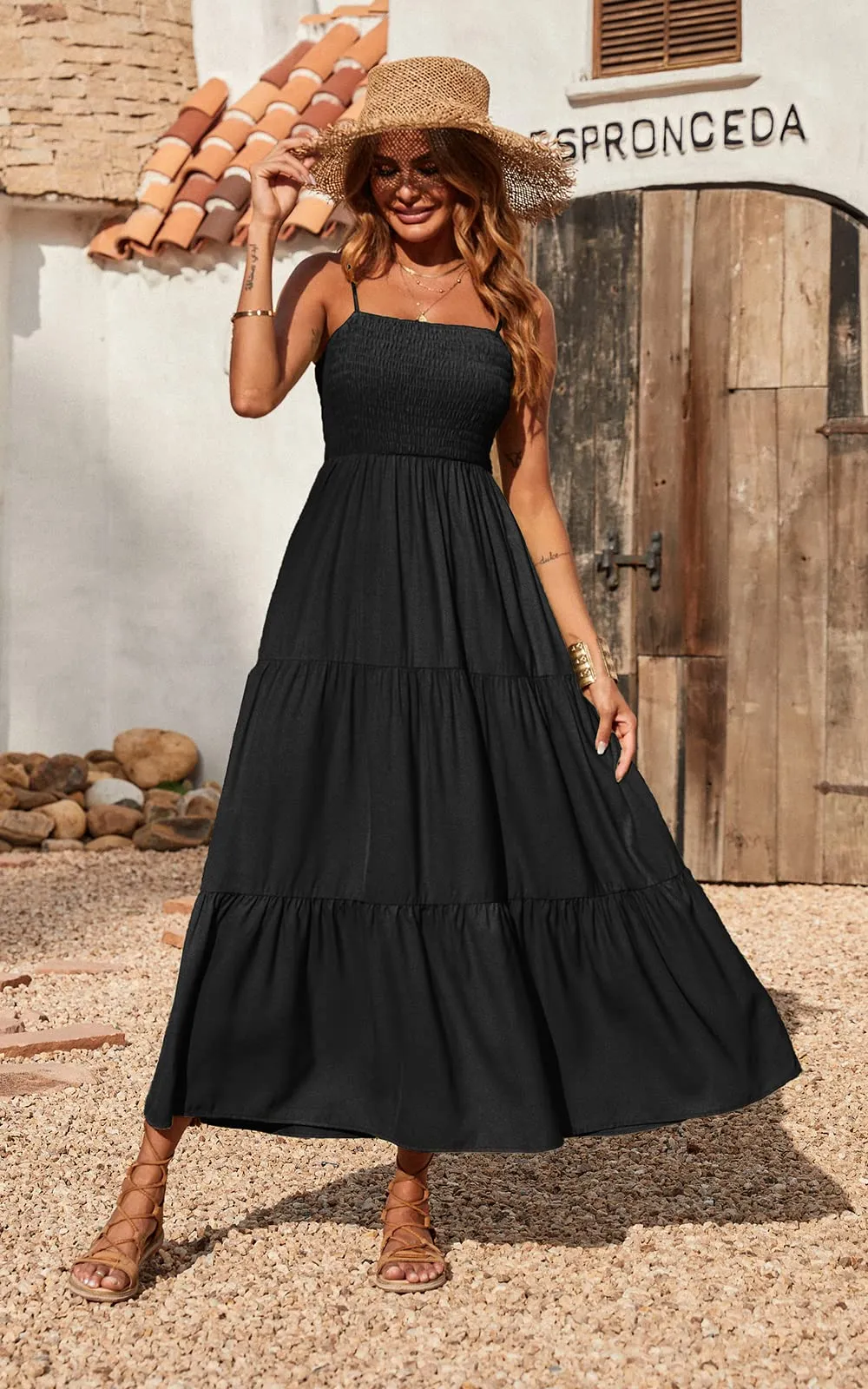 Spaghetti Strap Maxi Dress Women Summer Sleeveless Smocked Boho Long Beach Dress Sundresses