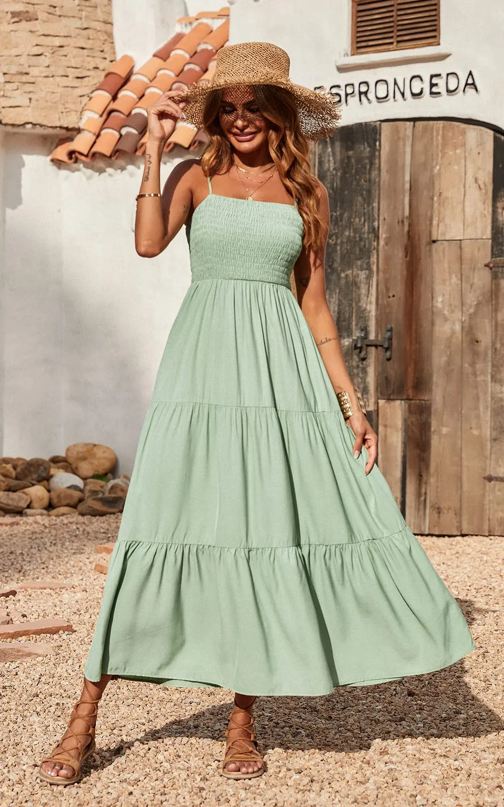 Spaghetti Strap Maxi Dress Women Summer Sleeveless Smocked Boho Long Beach Dress Sundresses