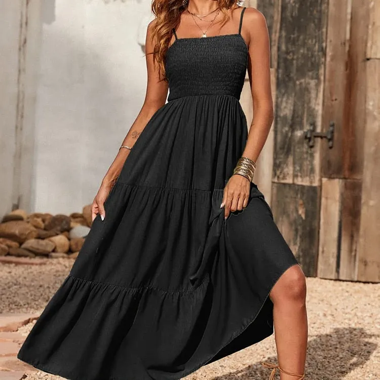 Spaghetti Strap Maxi Dress Women Summer Sleeveless Smocked Boho Long Beach Dress Sundresses