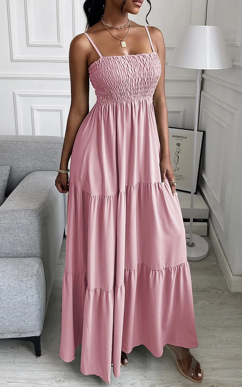 Spaghetti Strap Maxi Dress Women Summer Sleeveless Smocked Boho Long Beach Dress Sundresses