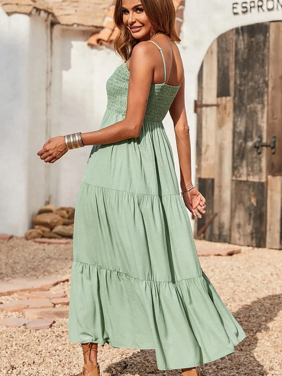 Spaghetti Strap Maxi Dress Women Summer Sleeveless Smocked Boho Long Beach Dress Sundresses