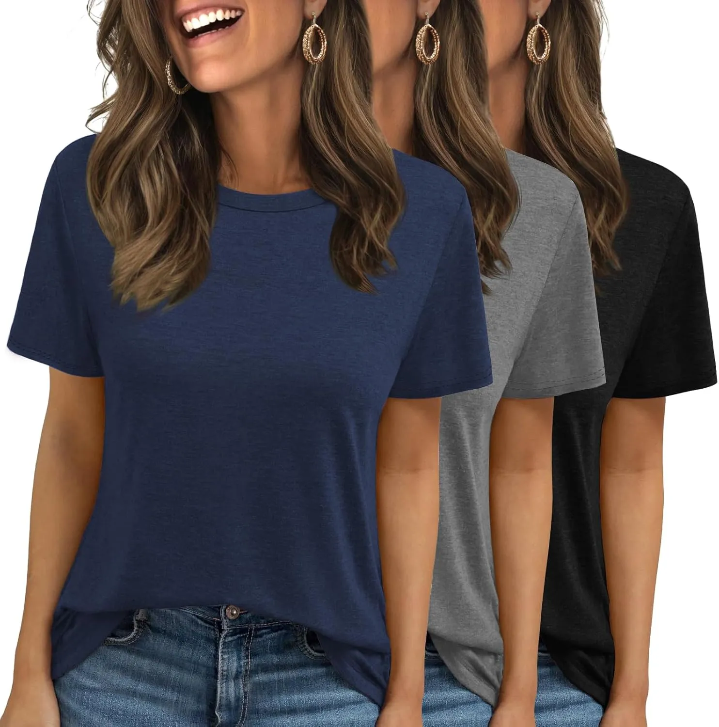 Women Tops Women Shorts Sleeve T Shirts 3 Pack Summer Tops Crew Neck Casual Loose Fit Workout Casual Tshirts Trendy Clothes