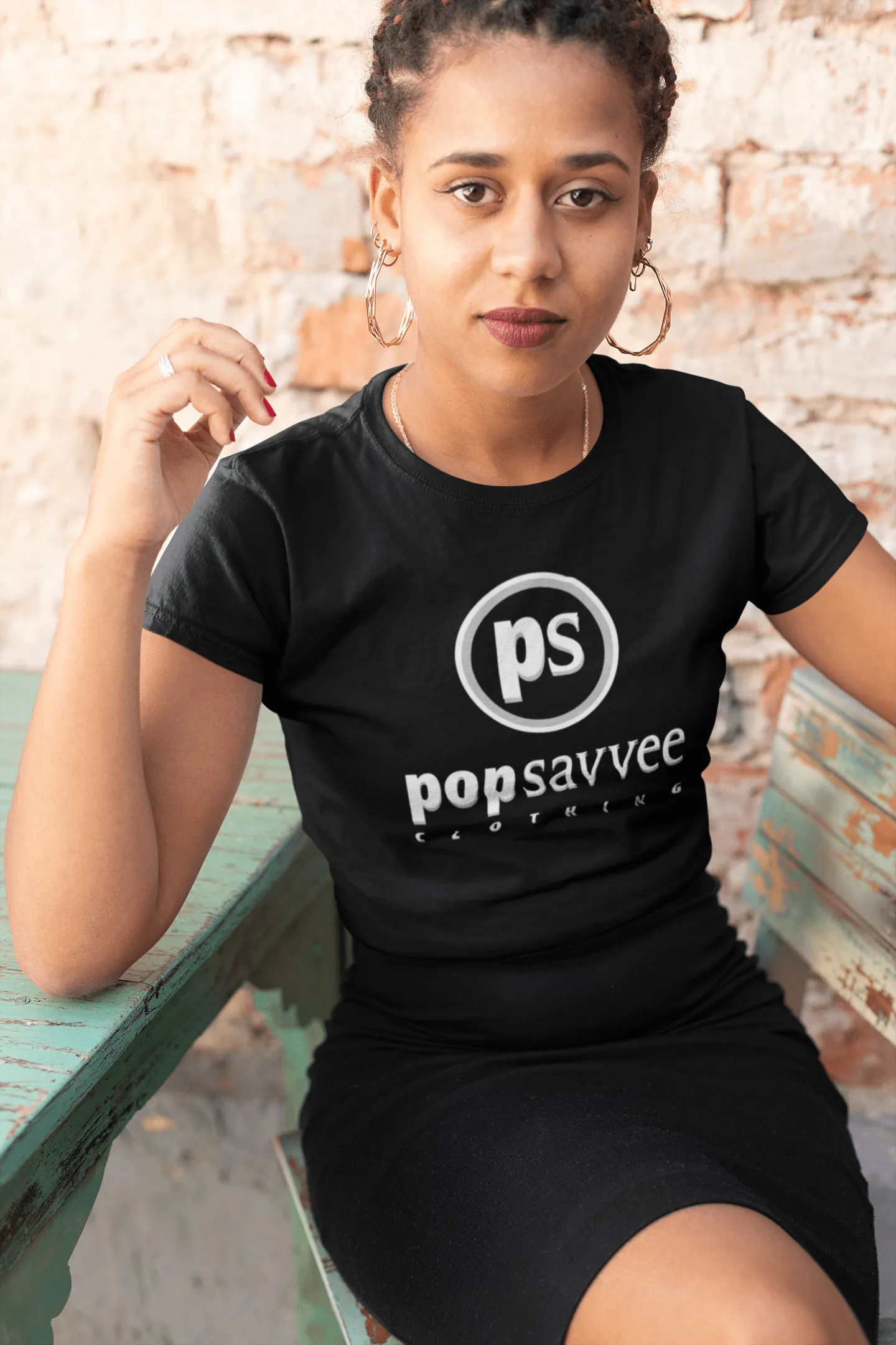 Women's Short Sleeve Crewneck Graphic T-Shirt w/ White & Metallic Silver “Pop Savvee Clothing” Logo