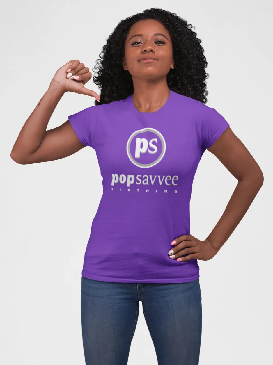 Women's Short Sleeve Crewneck Graphic T-Shirt w/ White & Metallic Silver “Pop Savvee Clothing” Logo