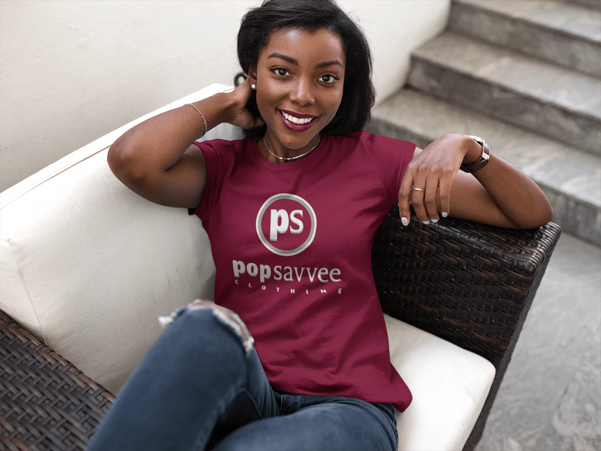Women's Short Sleeve Crewneck Graphic T-Shirt w/ White & Metallic Silver “Pop Savvee Clothing” Logo