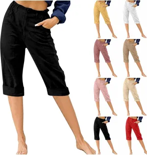 Women's Summer Capri Pants 2025 Cotton Linen Straight Leg Cropped Trousers High Waist Casual Pant with Pockets