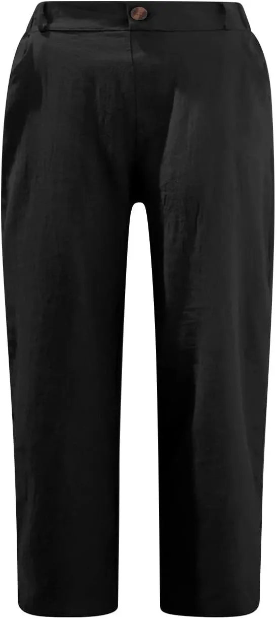 Women's Summer Capri Pants 2025 Cotton Linen Straight Leg Cropped Trousers High Waist Casual Pant with Pockets