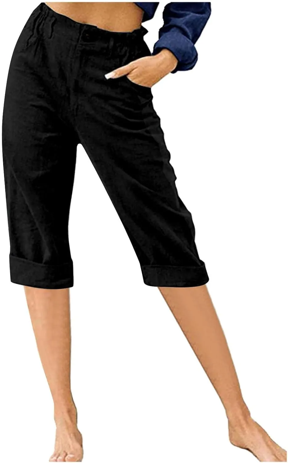 Women's Summer Capri Pants 2025 Cotton Linen Straight Leg Cropped Trousers High Waist Casual Pant with Pockets