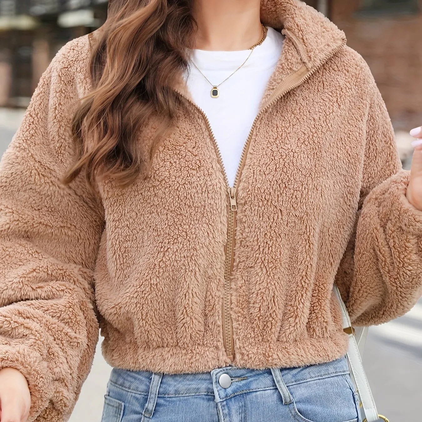 Women's Zip Up Faux Shearling Fluffy Cropped Teddy Jacket