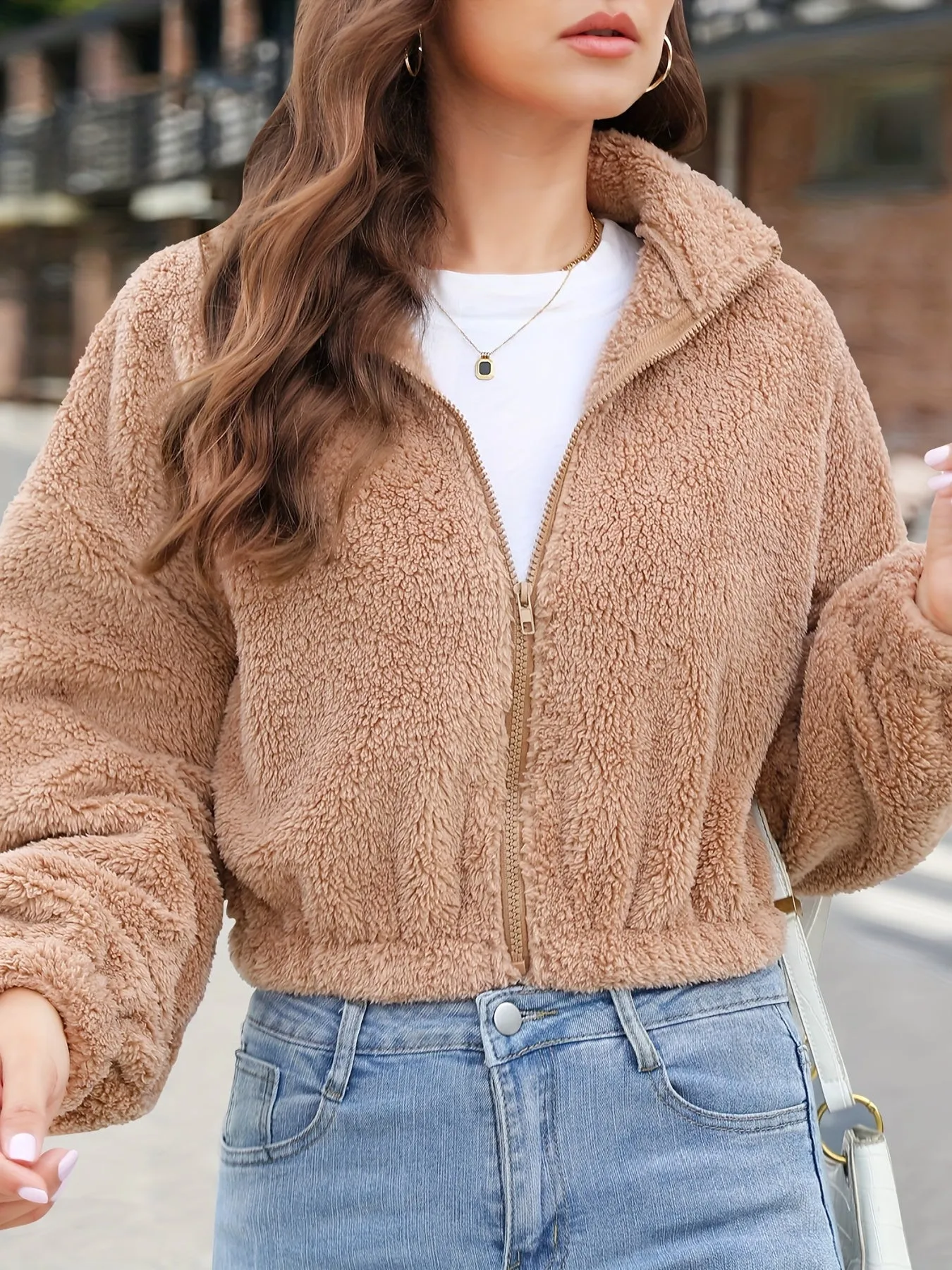 Women's Zip Up Faux Shearling Fluffy Cropped Teddy Jacket